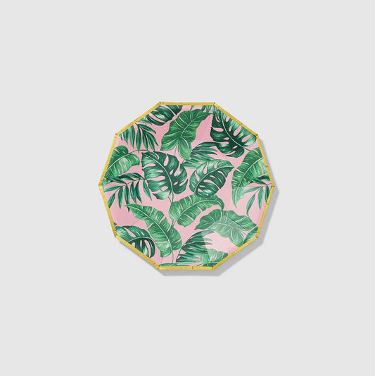 Tropical Party Pink Palm Leaf Small Decagon Paper Plates - 10pk