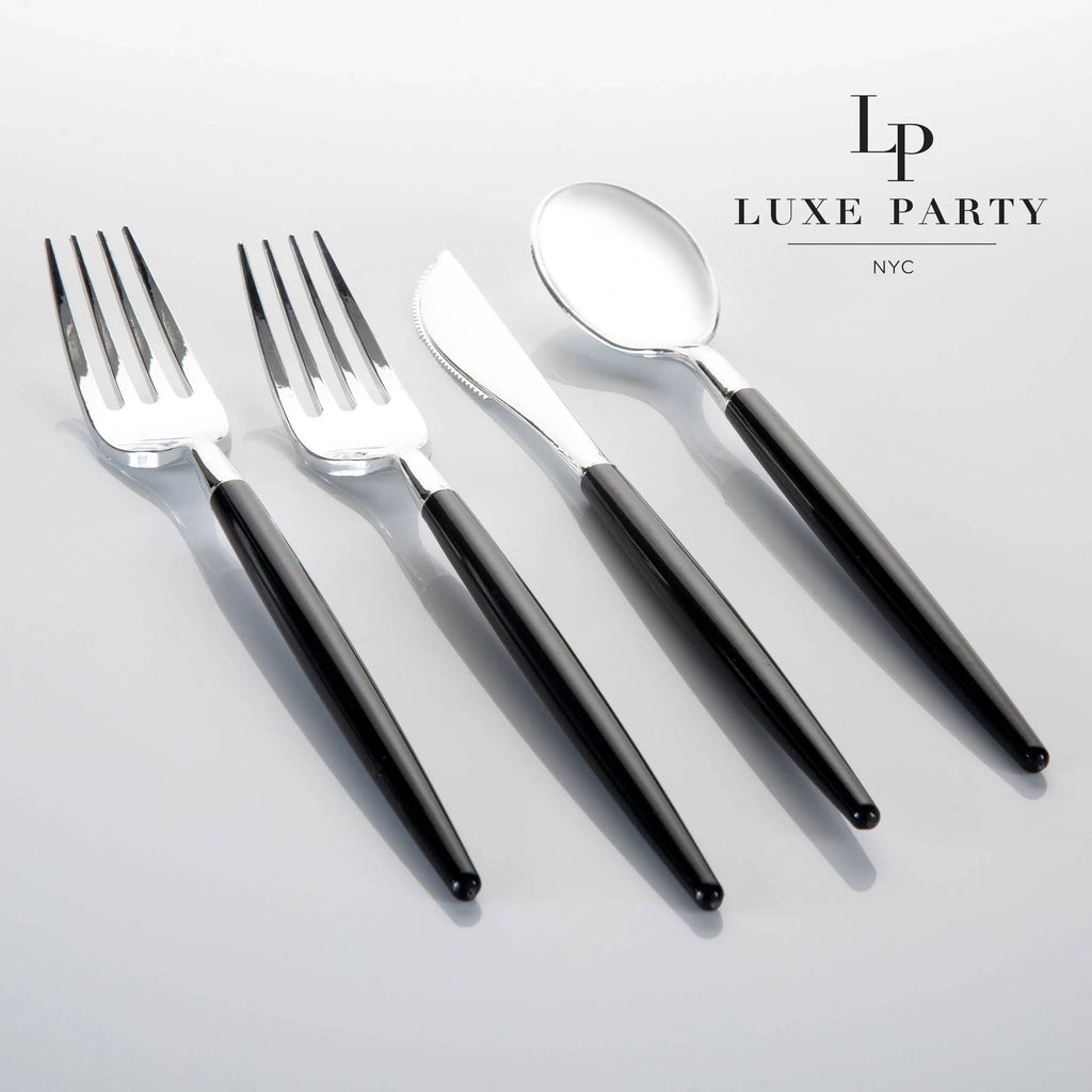 Black, Silver Plastic Cutlery Set | 32 Pieces