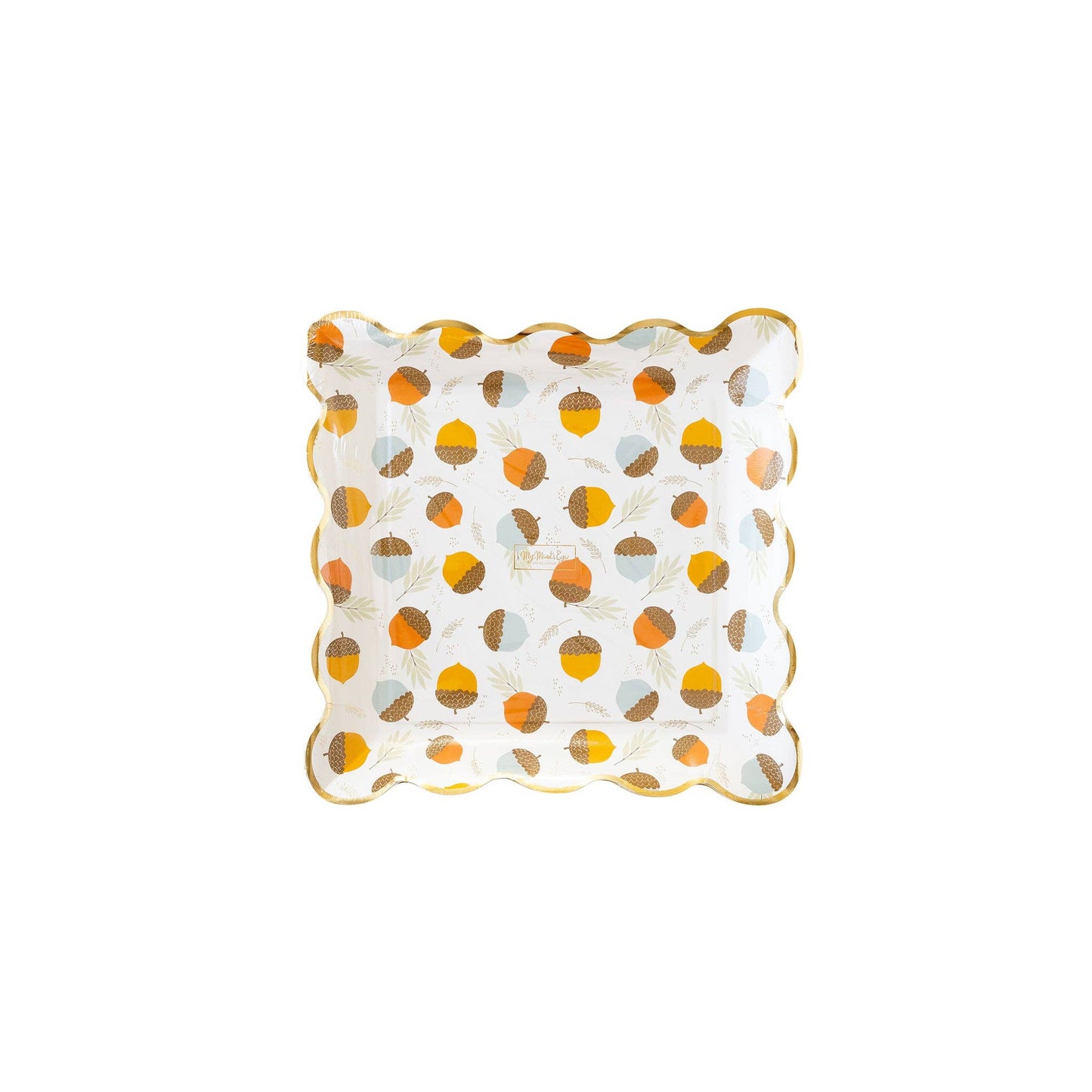 A scalloped paper plate with an acorn-scattered print and gold foil trim.