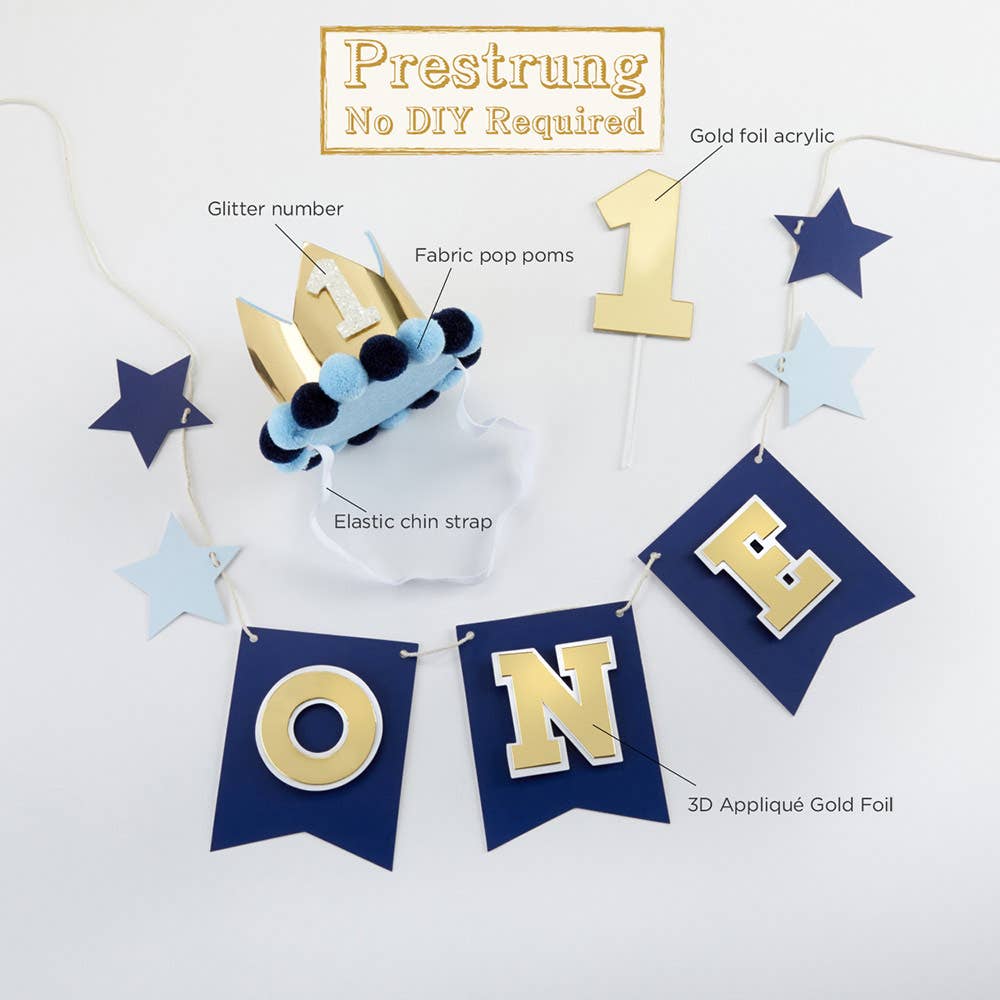 Blue & Gold 1st Baby Boy Birthday Decor Kit