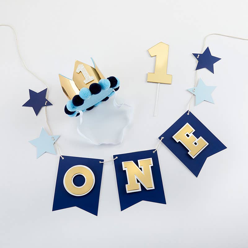 Blue & Gold 1st Baby Boy Birthday Decor Kit