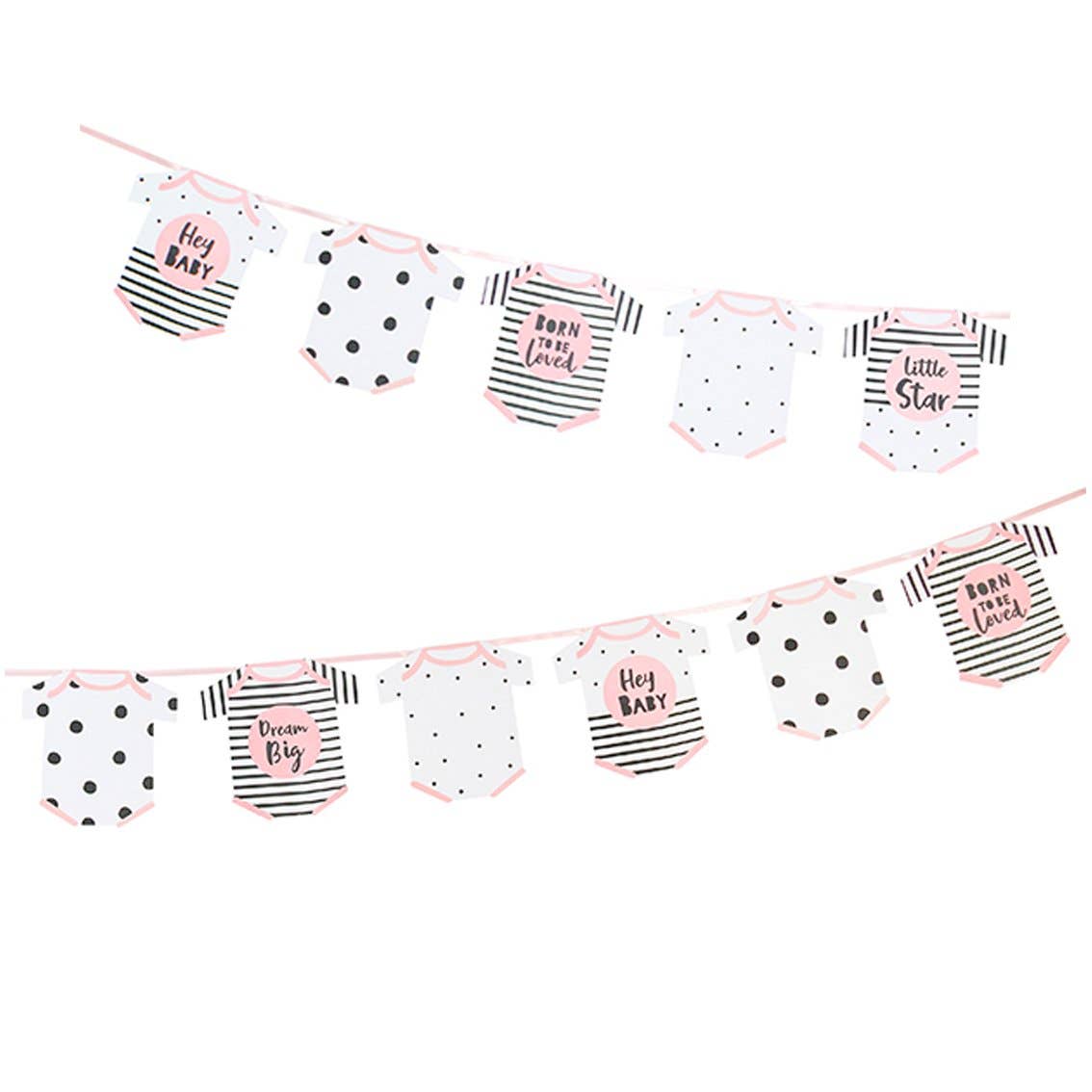 A baby shower garland featuring a series of onesie-style pennants in black, white, and pink with polka dots and text reading 'Hi, Baby' and 'I'll Be Your Star'. The garland is displayed in two parts with a striped background.