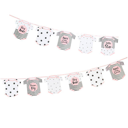 A baby shower garland featuring a series of onesie-style pennants in black, white, and pink with polka dots and text reading 'Hi, Baby' and 'I'll Be Your Star'. The garland is displayed in two parts with a striped background.