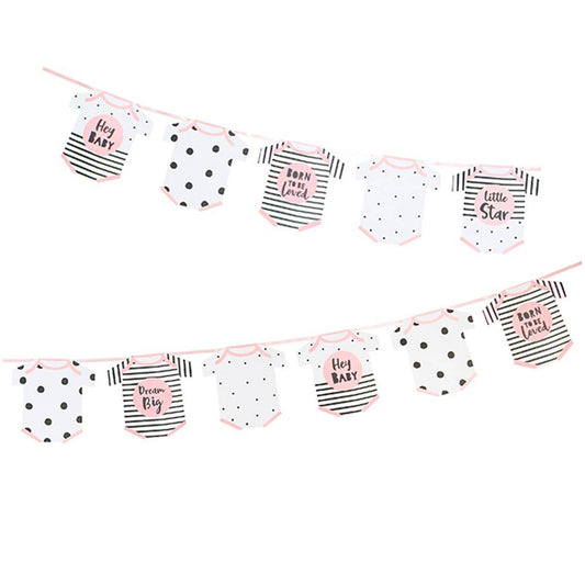 A baby shower garland featuring a series of onesie-style pennants in black, white, and pink with polka dots and text reading 'Hi, Baby' and 'I'll Be Your Star'. The garland is displayed in two parts with a striped background.
