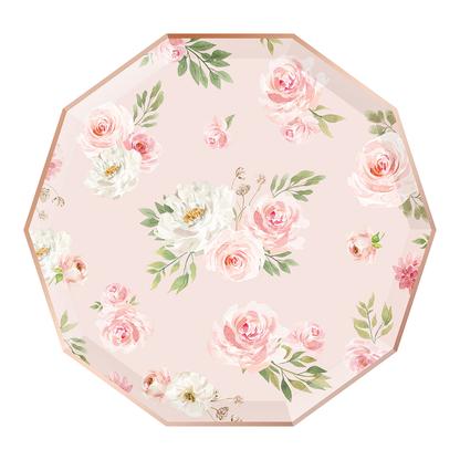 Blush & Rose Gold Decagon Floral Paper Party Plates - 8pk