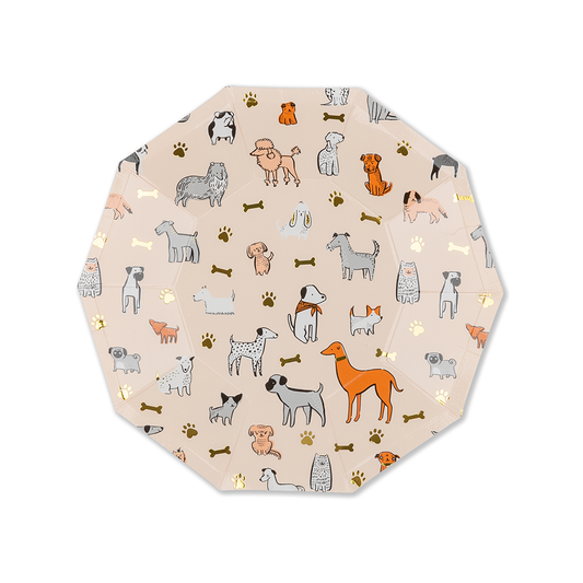 A beige party plate with a dog pattern and gold foil details.