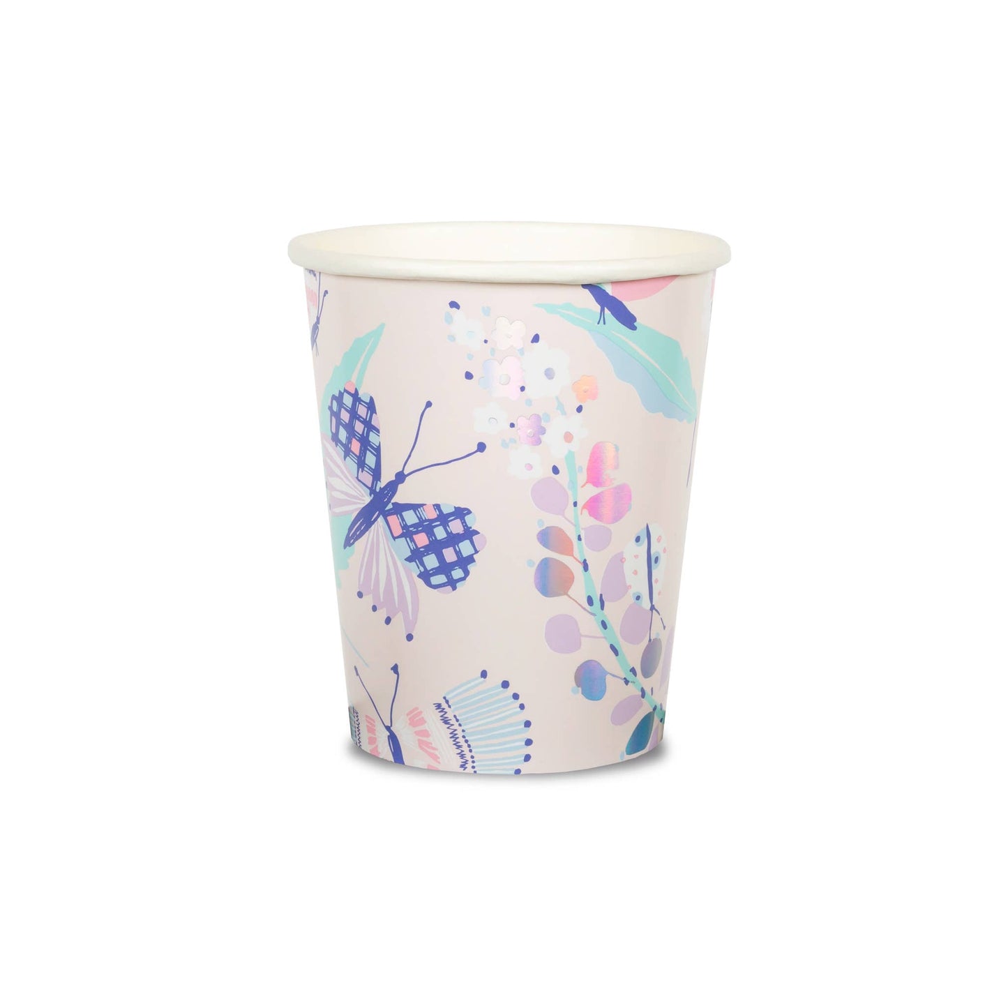 A paper cup with a pastel palette and holographic silver foil-pressed elements, featuring butterfly and floral designs.