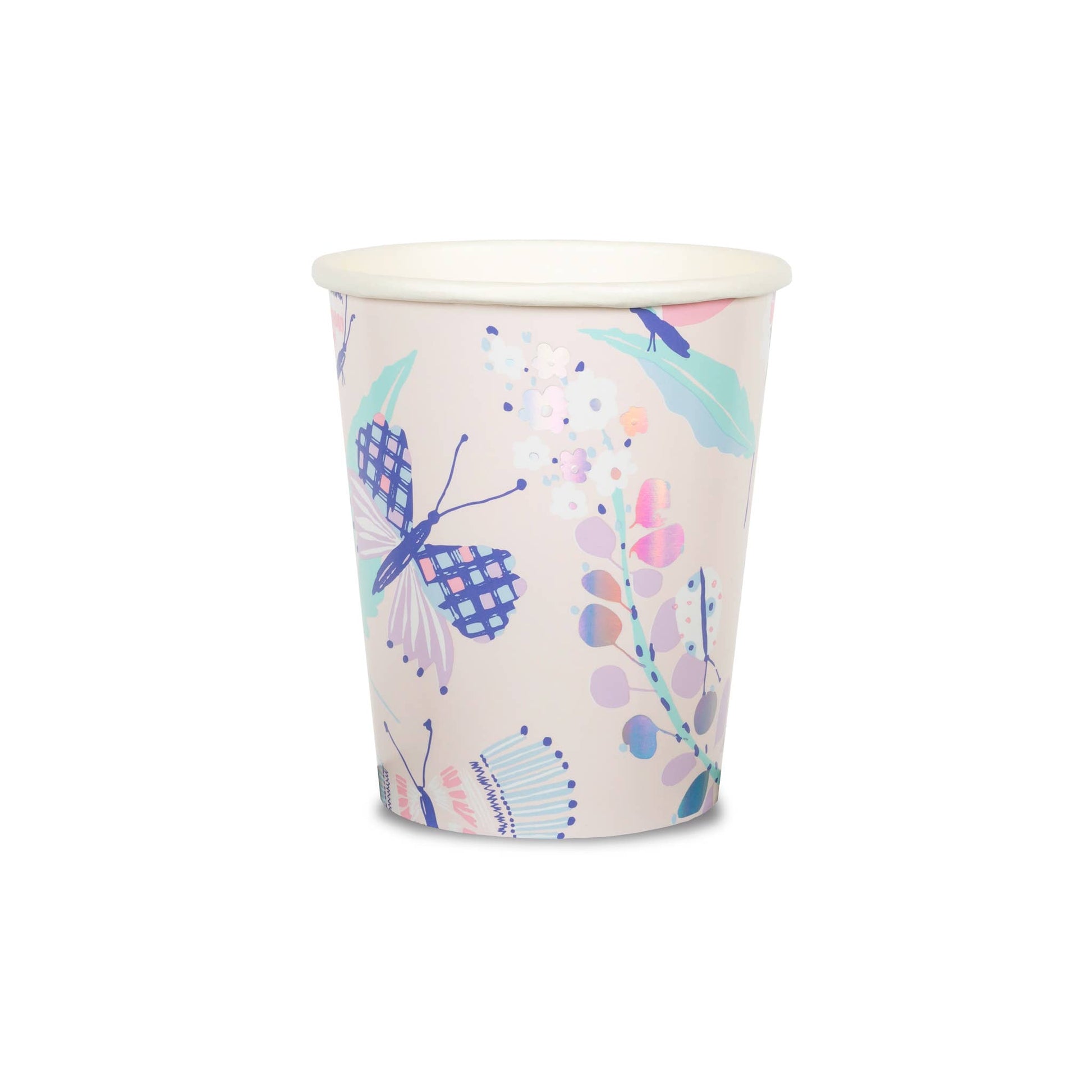 A paper cup with a pastel palette and holographic silver foil-pressed elements, featuring butterfly and floral designs.