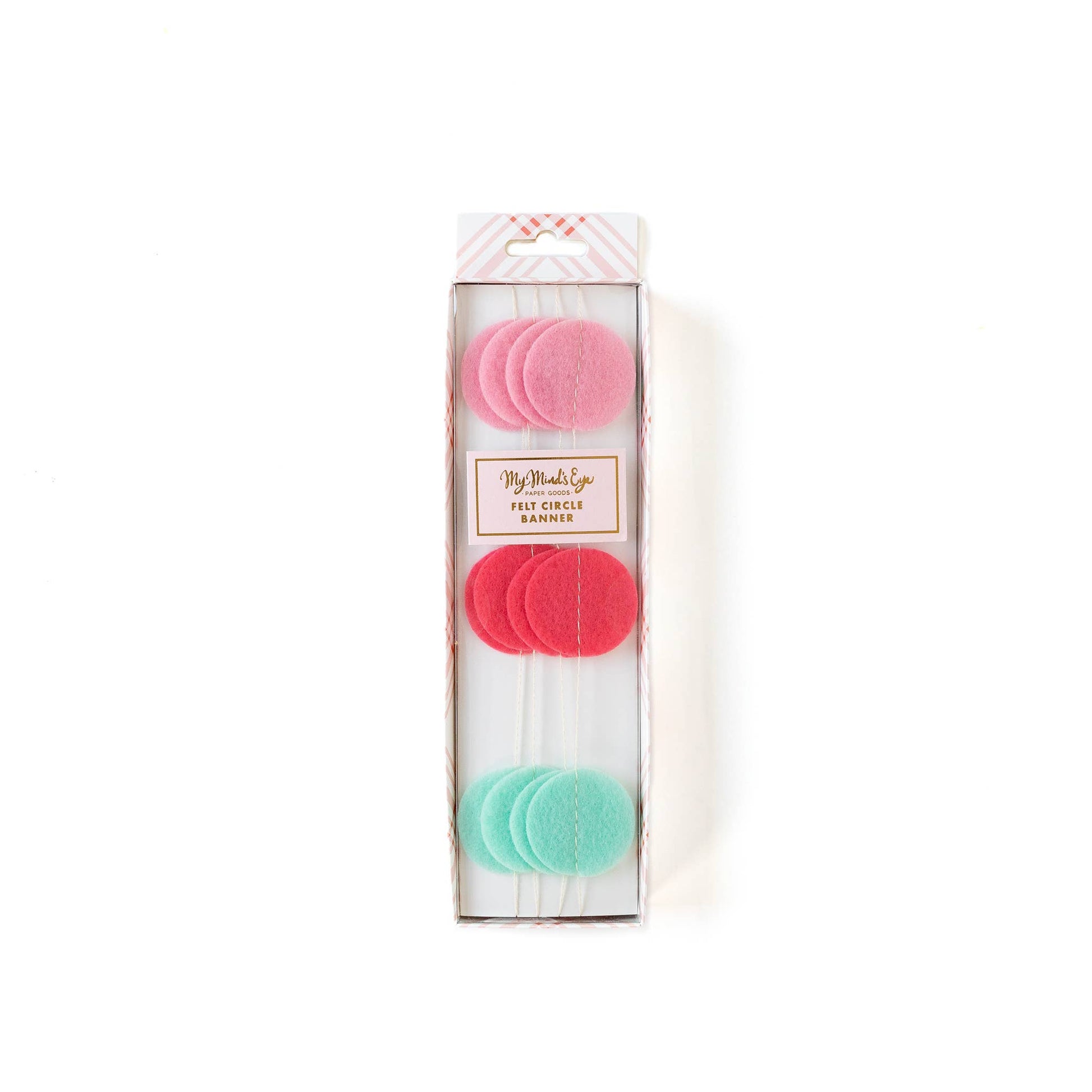 Packaged felt circle banner in shades of mint green, dark pink, and light pink, displayed in a clear plastic box with a white background.
