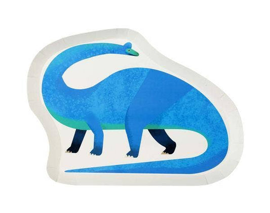 A paper plate with a blue dinosaur illustration.