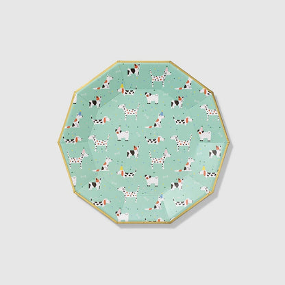 A green decagon-shaped paper plate with a puppy pattern and a gold border.