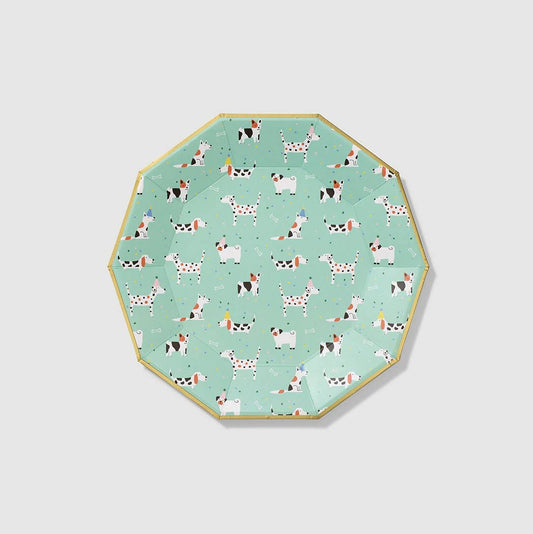A green decagon-shaped paper plate with a puppy pattern and a gold border.