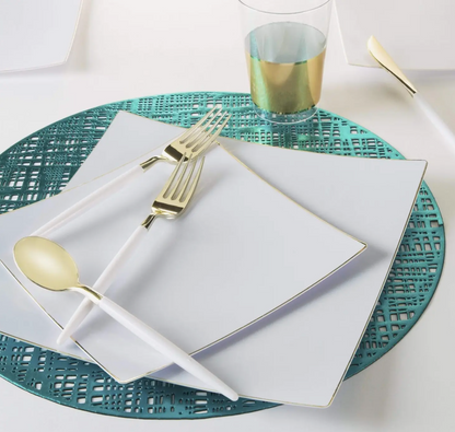 Elegant Square Coupe White & Gold Plastic Plates (2 size options) - 10pk