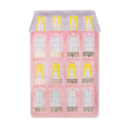 A pack of paper plates shaped like a French Maison with a pink color and gold foil-pressed designs, resembling window frames.