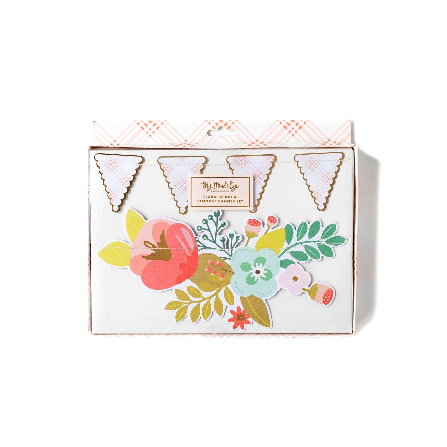 A set of two decorative banners with floral designs and gold foil accents, packaged in a box.