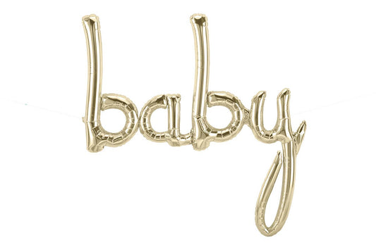 A white gold script balloon with the word 'baby' written in a cursive font, designed for inflation and decoration.