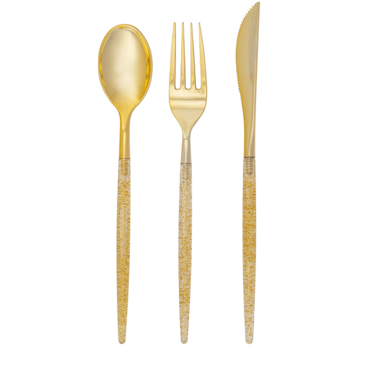 Gold Glitter Premium Plastic Cutlery Set | 32 Pieces