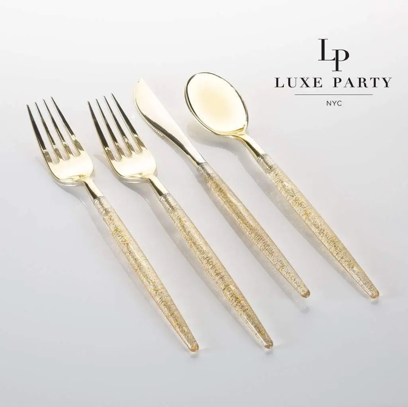 Gold Glitter Premium Plastic Cutlery Set | 32 Pieces
