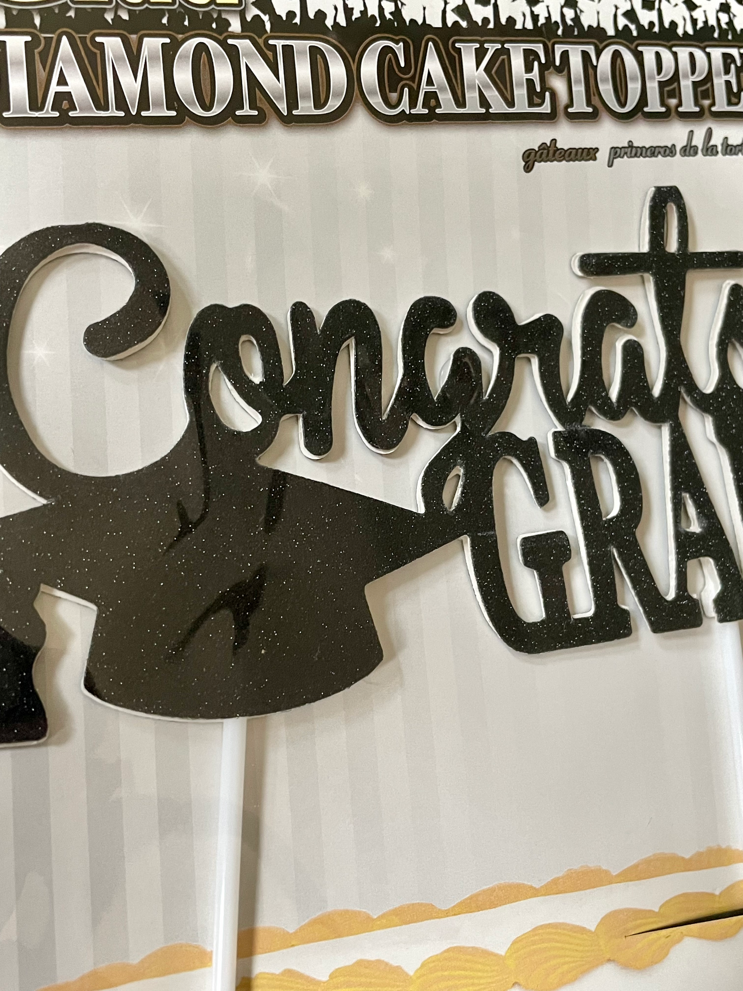 Congrats Grad Black (No Mess) Diamond Glitter Graduation Party Cake Topper