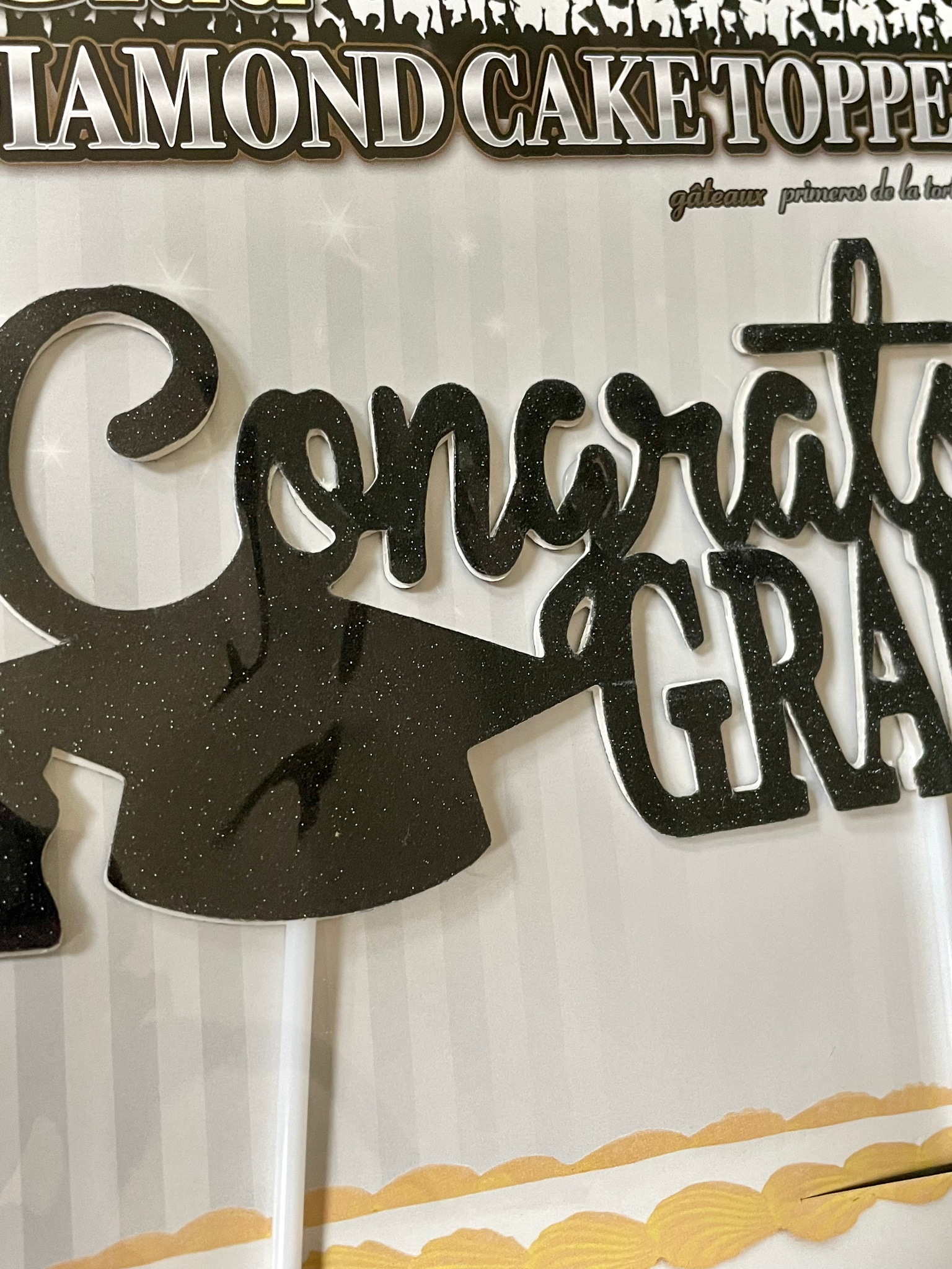 Congrats Grad Black (No Mess) Diamond Glitter Graduation Party Cake Topper