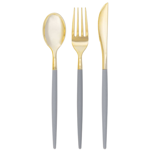 Grey & Gold Two-Tone Plastic Cutlery Set | 32 Pieces