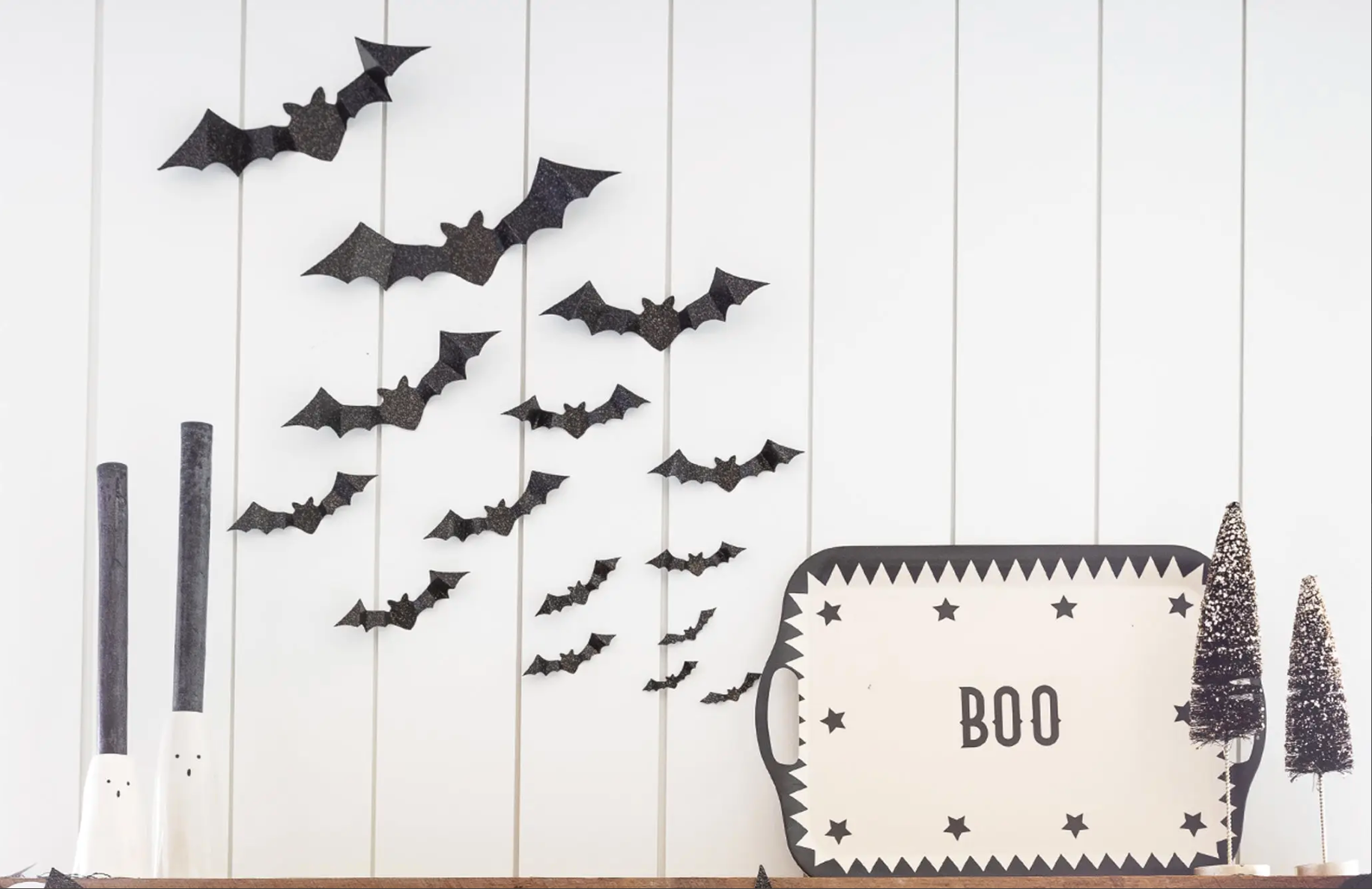 Vintage Halloween Bag of Bats Black Glitter Wall Decor