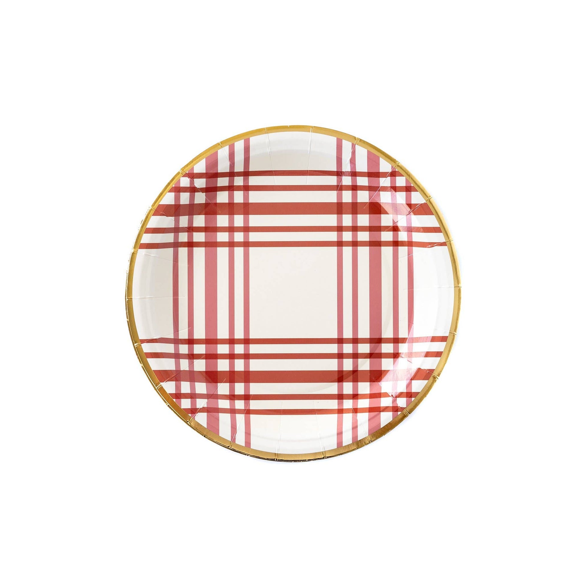 A round paper plate with red plaid stripes and gold foil accents on the edge.