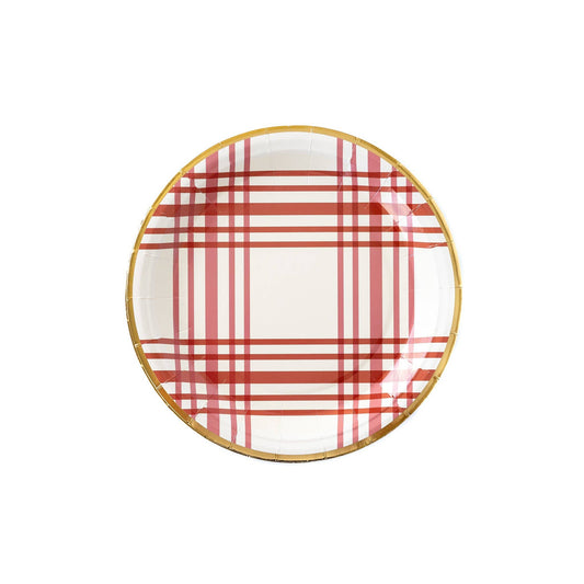 A round paper plate with red plaid stripes and gold foil accents on the edge.