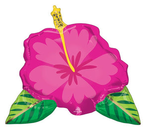 Tropical Hot Pink Hibiscus Flower Foil Balloon with Vibrant Green Leaves and Yellow Stamen