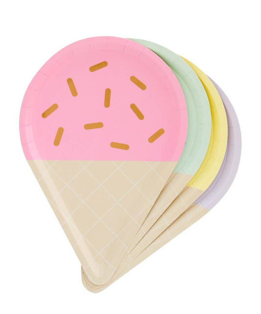A stack of paper party plates designed to look like ice cream cones in assorted pastel colors with gold foil details.