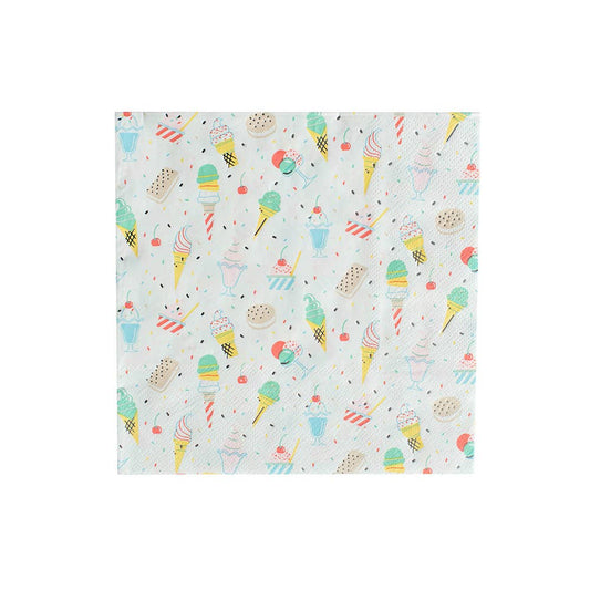 A patterned paper napkin with ice cream cones and other sweet treats printed on it, featuring holographic silver foil detailing.
