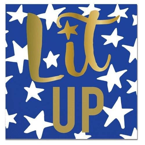 A dark blue beverage napkin with white stars and gold letters spelling 'Lit UP' on it.