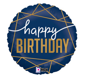 Navy & Gold Geometric Happy Birthday 18" Packaged Foil Balloon