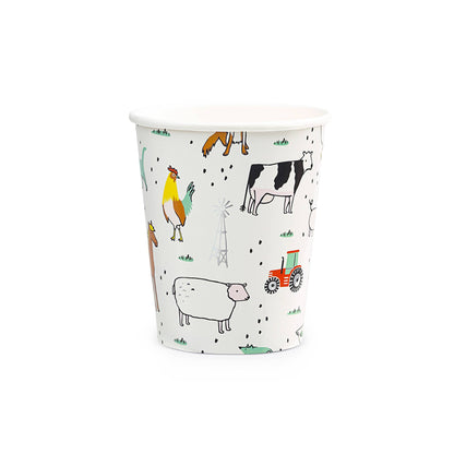 A white paper party cup with farm animal illustrations, including a chicken, cow, and pig, among others.