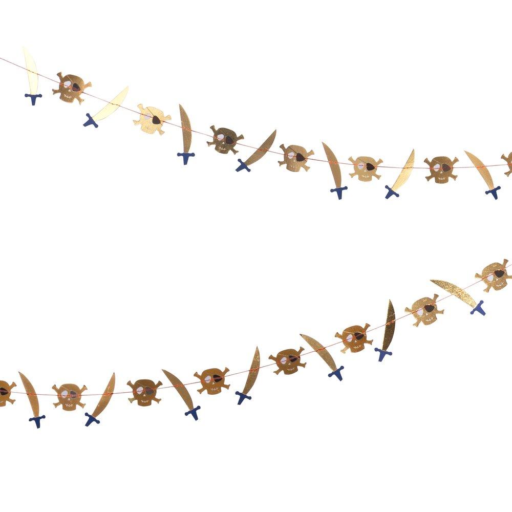 A garland featuring a repeating pattern of pirate-themed icons such as swords and skulls, with gold foil detail, strung together.