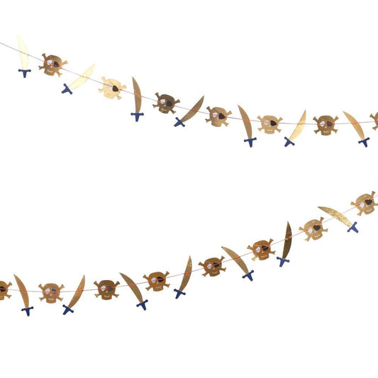 A garland featuring a repeating pattern of pirate-themed icons such as swords and skulls, with gold foil detail, strung together.