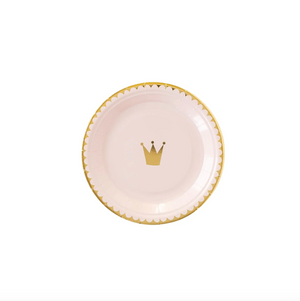 Small, round light pink princess party plate, featuring gold foil accents around the edges and a small crown in the center.