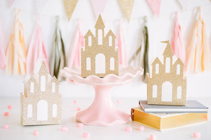 Princess Party Gold Glitter Castle Favor Boxes - 8pk