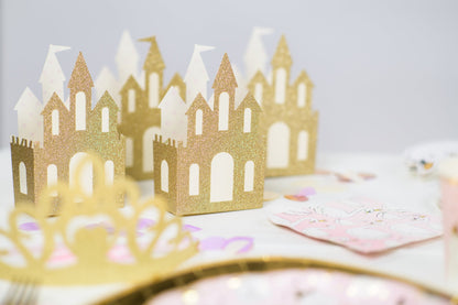 Princess Party Gold Glitter Castle Favor Boxes - 8pk