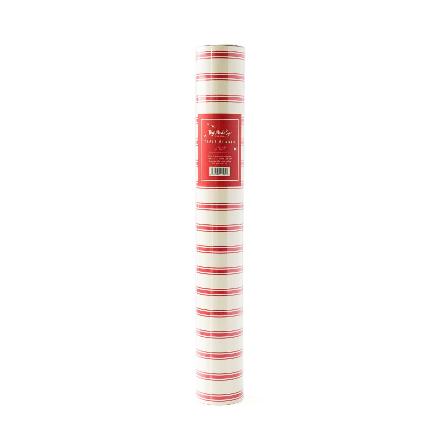 A rolled up red and white striped paper table runner with product label visible.