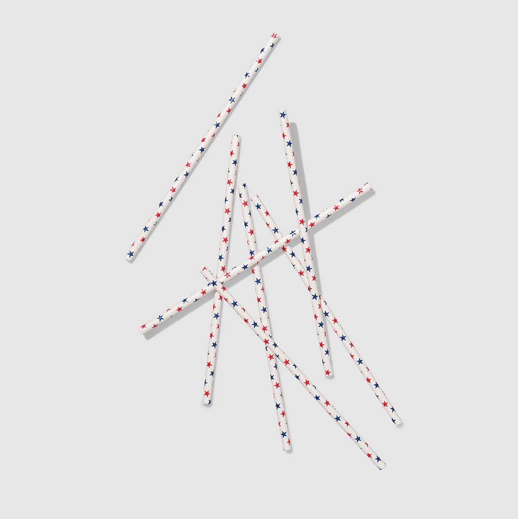 A collection of paper straws decorated with red and blue stars.