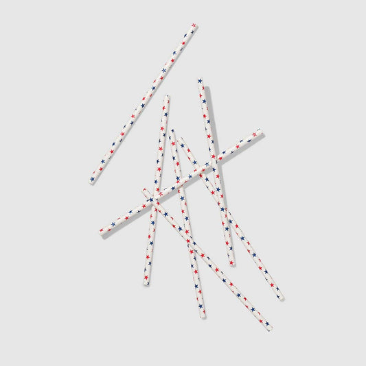 A collection of paper straws decorated with red and blue stars.