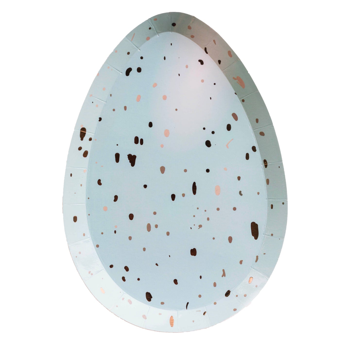 A die-cut paper plate designed to resemble an Easter egg with a speckled blue and white pattern.