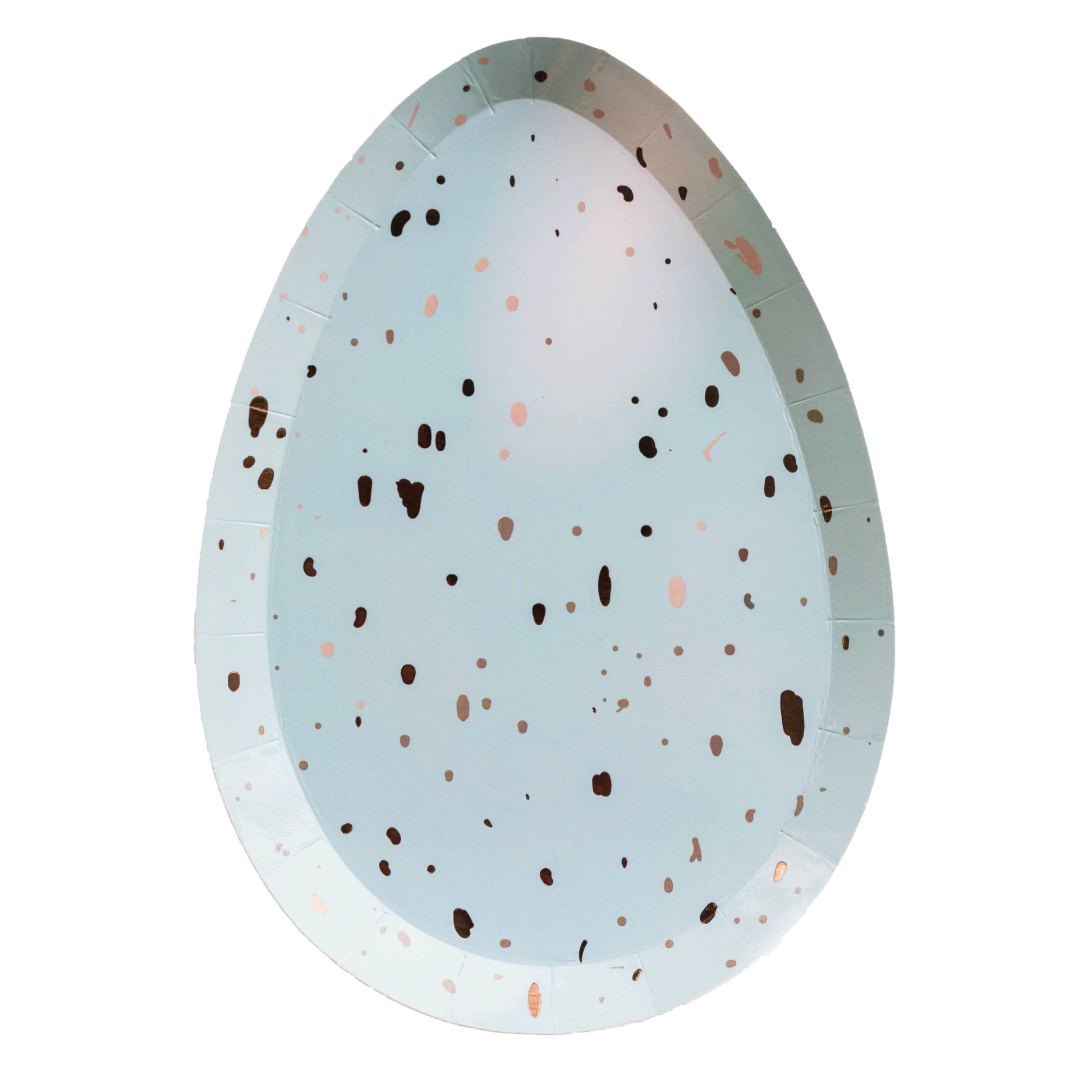A die-cut paper plate designed to resemble an Easter egg with a speckled blue and white pattern.