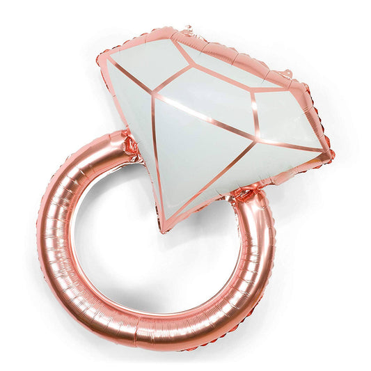 A rose gold engagement ring-shaped balloon with a mylar material, primarily used for decorations.