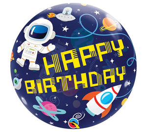Midnight Blue Foil Party balloon featuring Outer space scene with astronauts, planets and spaceships around the the message "Happy Birthday"