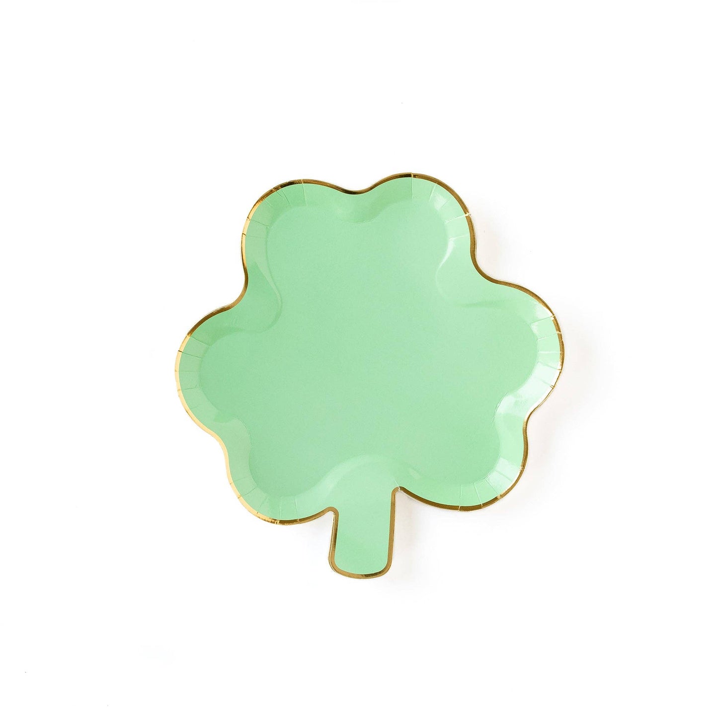 A shamrock-shaped green plate with gold foil edging.