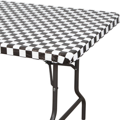 Black & White Checkered Fitted Plastic Table Cover