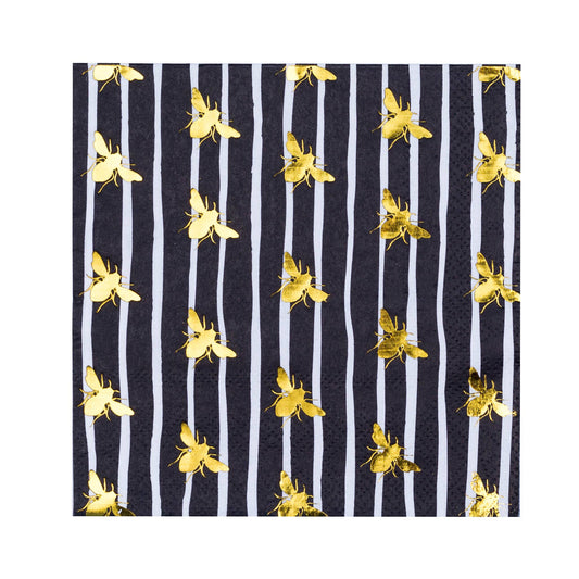 Striped Gold Foil Bee Cocktail Napkins - 20pk