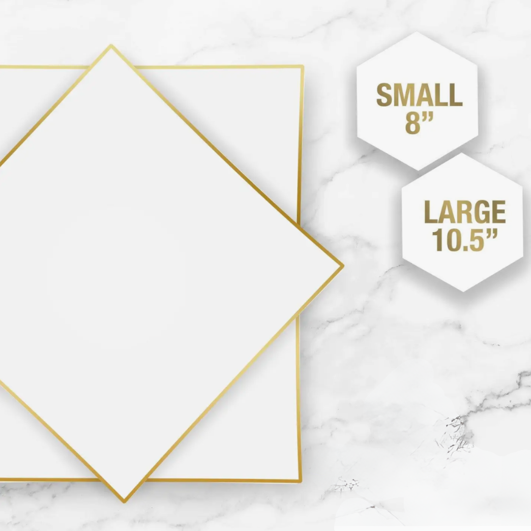 Elegant Square Coupe White & Gold Plastic Plates (2 size options) - 10pk